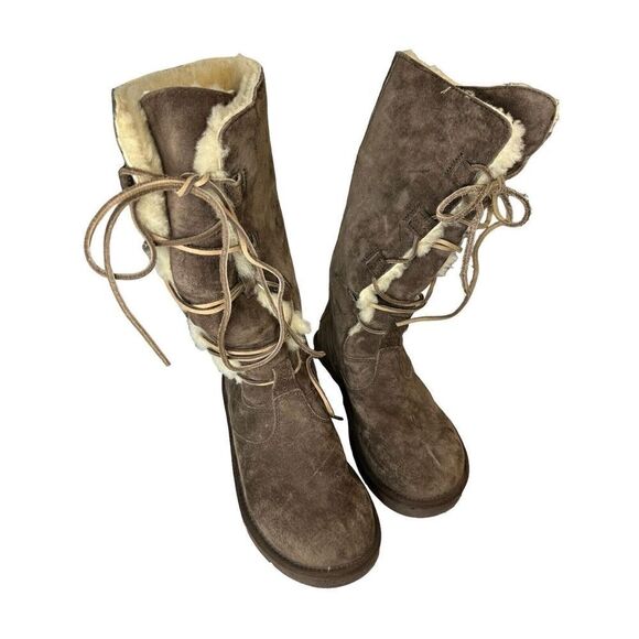 UGG Whitley Tall Brown Suede Boots Lace Up Sheepskin Shearling 5122 Womens 8 39 - Picture 6 of 11